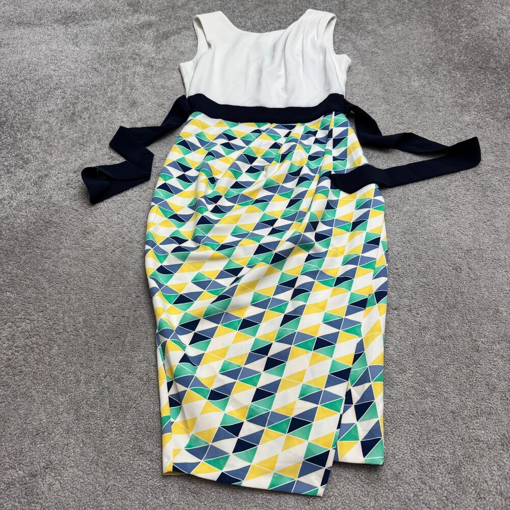 Closet London Geometric Colorblock Pencil Midi Dress Womens 4 Small White Yellow